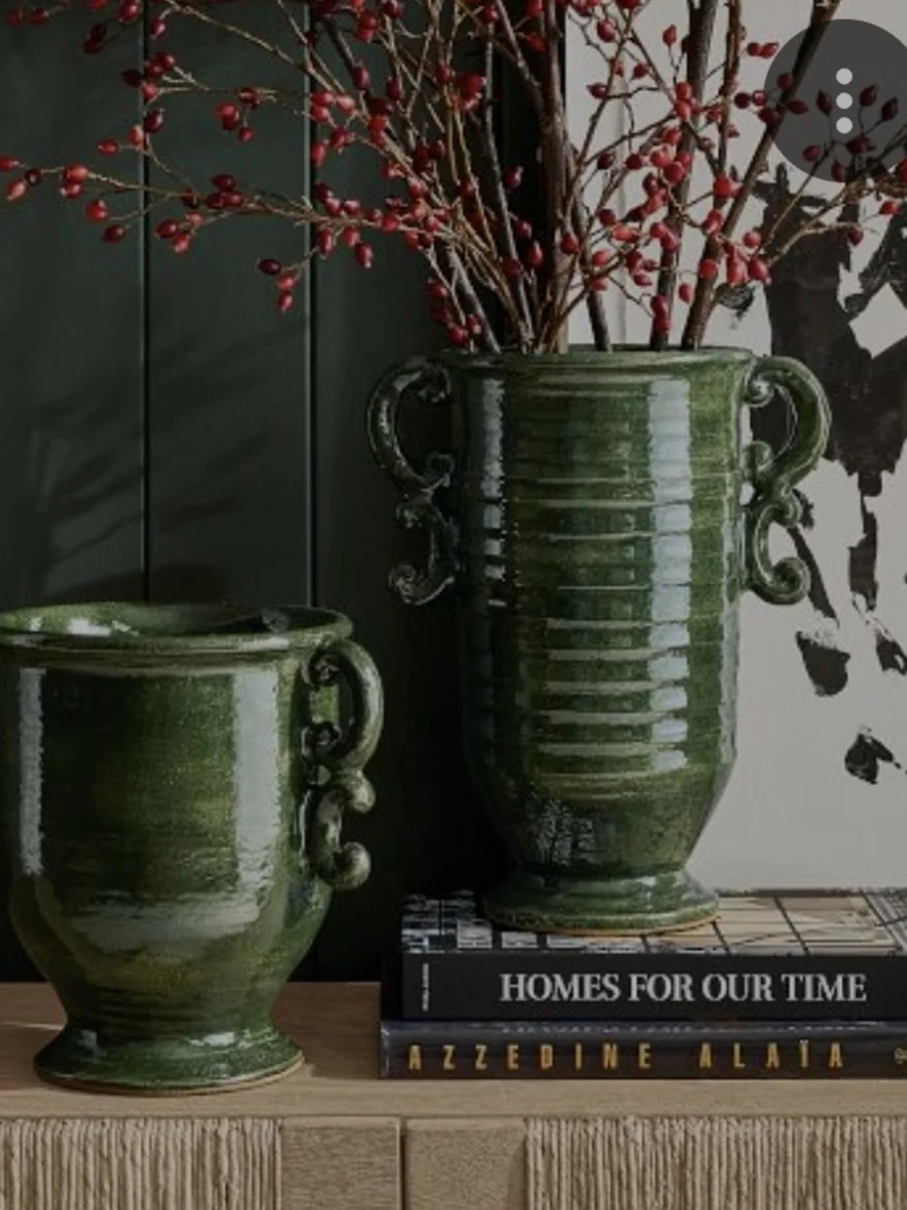 Pottery Barn Green Ceramic Ornate Handled Vase 15.75